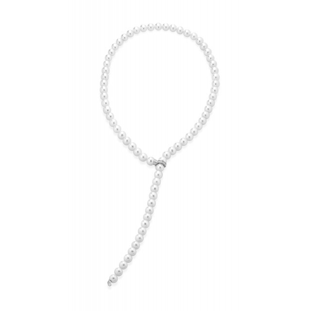 Coscia Sciarpina Collana di Perle giapponesi AKOYA con chiusura a sfera in oro bianco 18kt e diamanti AK 7/7.5