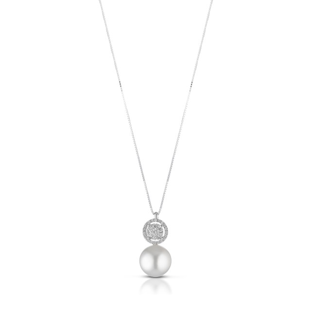 Coscia Collana pendente con catena Perle Akoya Giapponesi con diamanti e oro 18kt